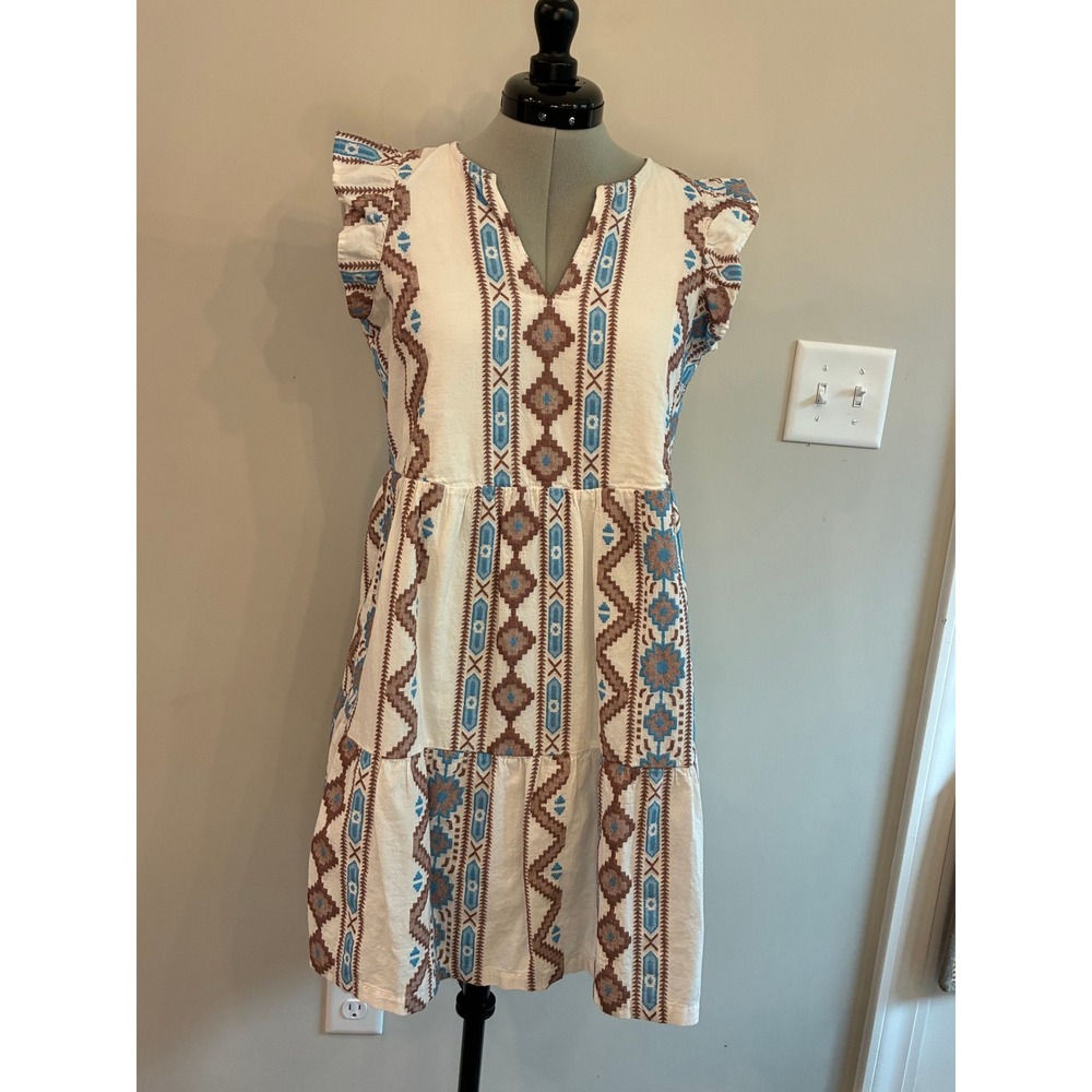 Loft Outlet Petite XSP Blue Brown Geometric Print Ruffle Tiered Mini Dress